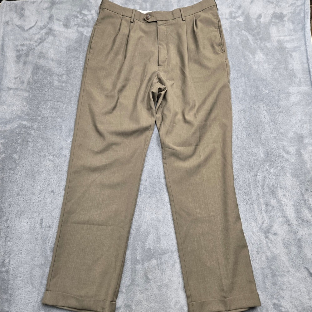 Haggar Classic Fit Pleated Dress Pants Mens 36x32 Brown Olive Cuffed Repreve